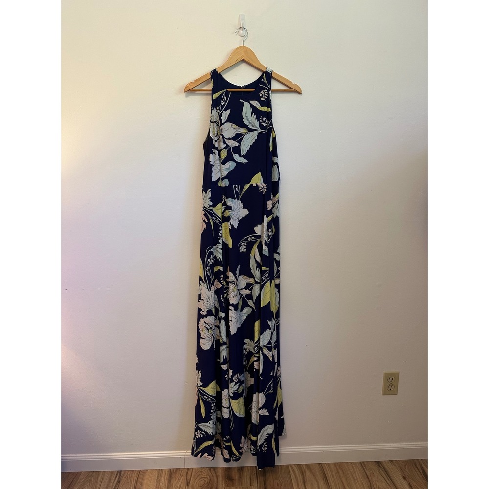 Yumi Kim Navy Blue Floral Silk Maxi Dress with High Neck and Slit | Size Medium